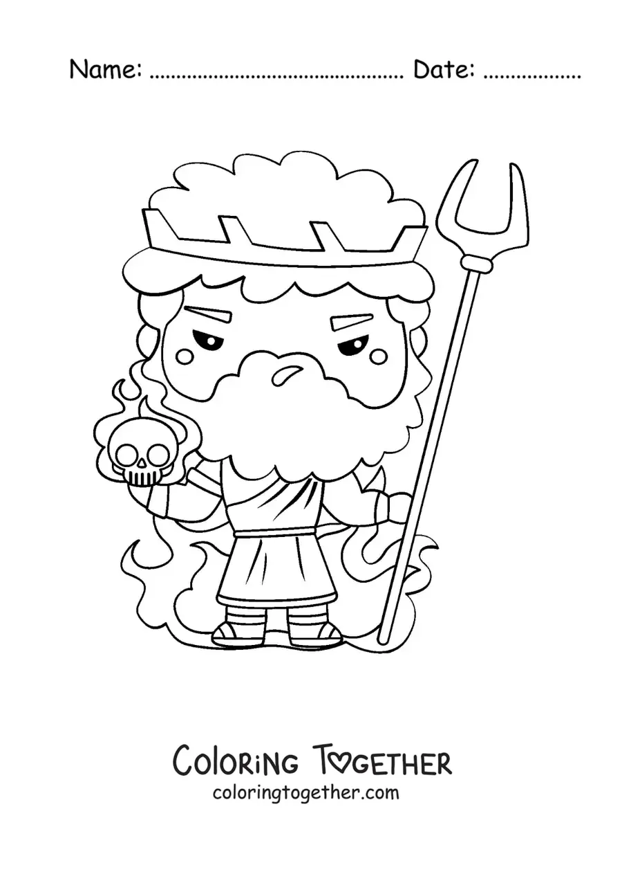 Coloring page of the god of the underworld Hades in kawaii cartoon style
