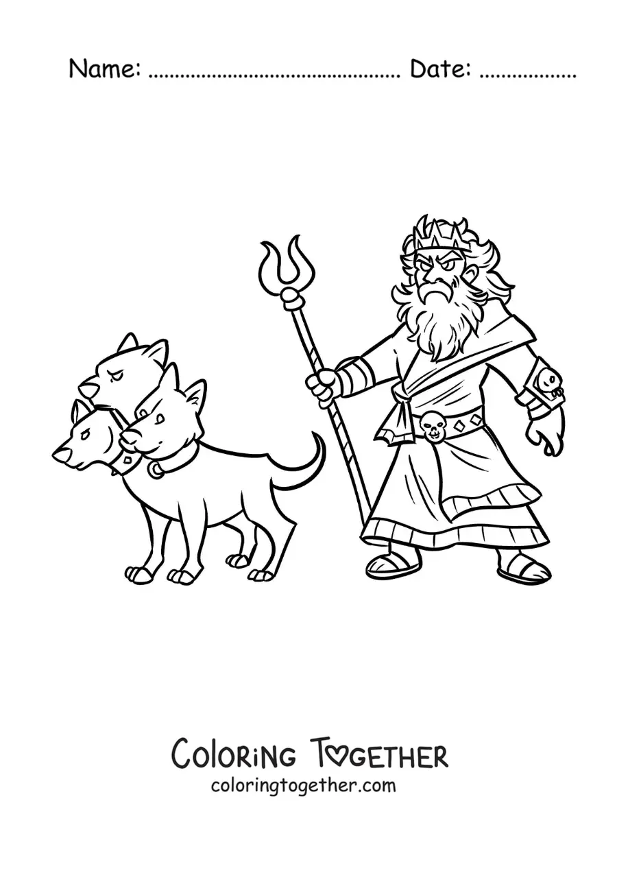 Coloring page of the god Hades in cartoon style with his dog Cerberus
