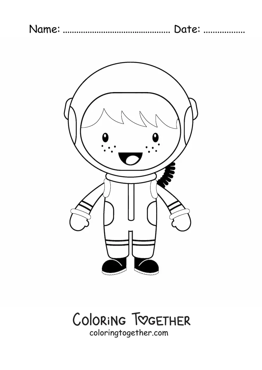 Coloring page of a smiling animated boy astronaut