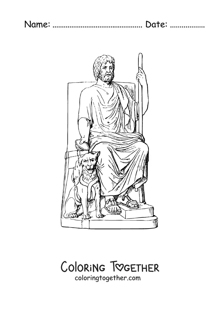 Coloring page of the realistic god Hades on his throne with Cerberus