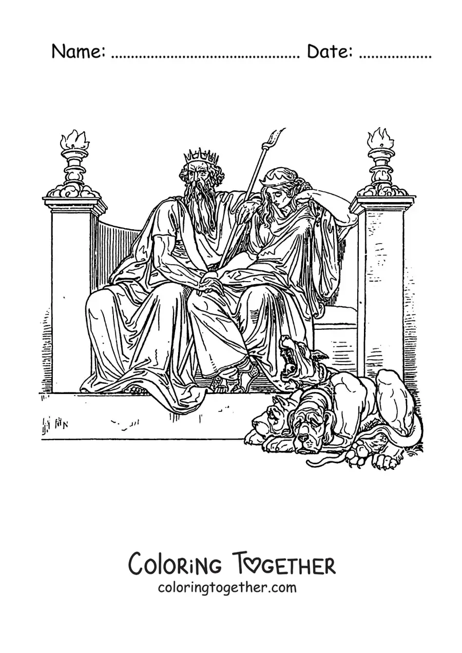 Coloring page of Hades and Persephone in the underworld with Cerberus