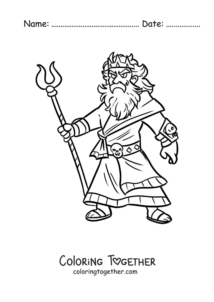 Coloring page of the Greek god of the underworld Hades animated with his bident