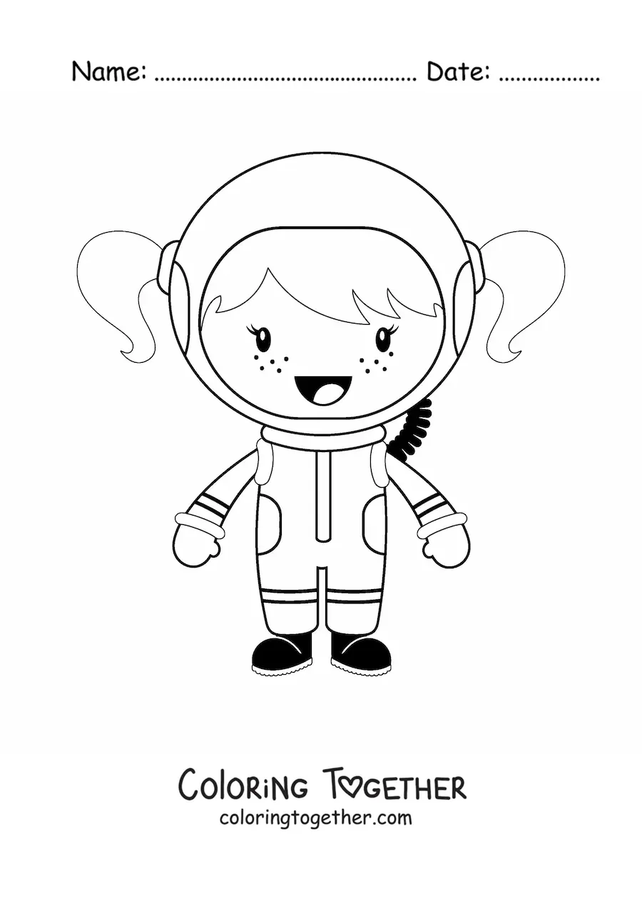 Coloring page of a smiling animated girl astronaut