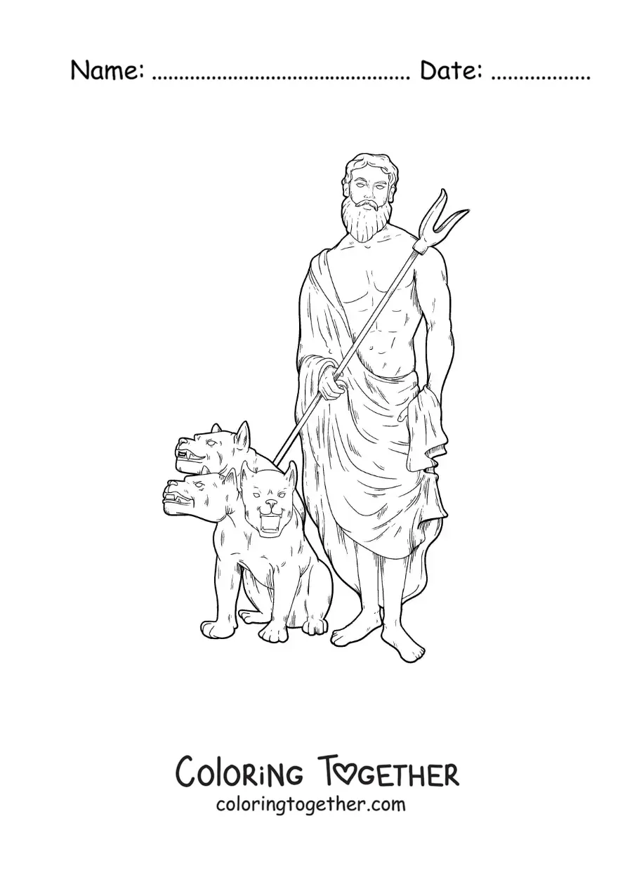 Coloring page of a realistic Hades with his three-headed dog Cerberus