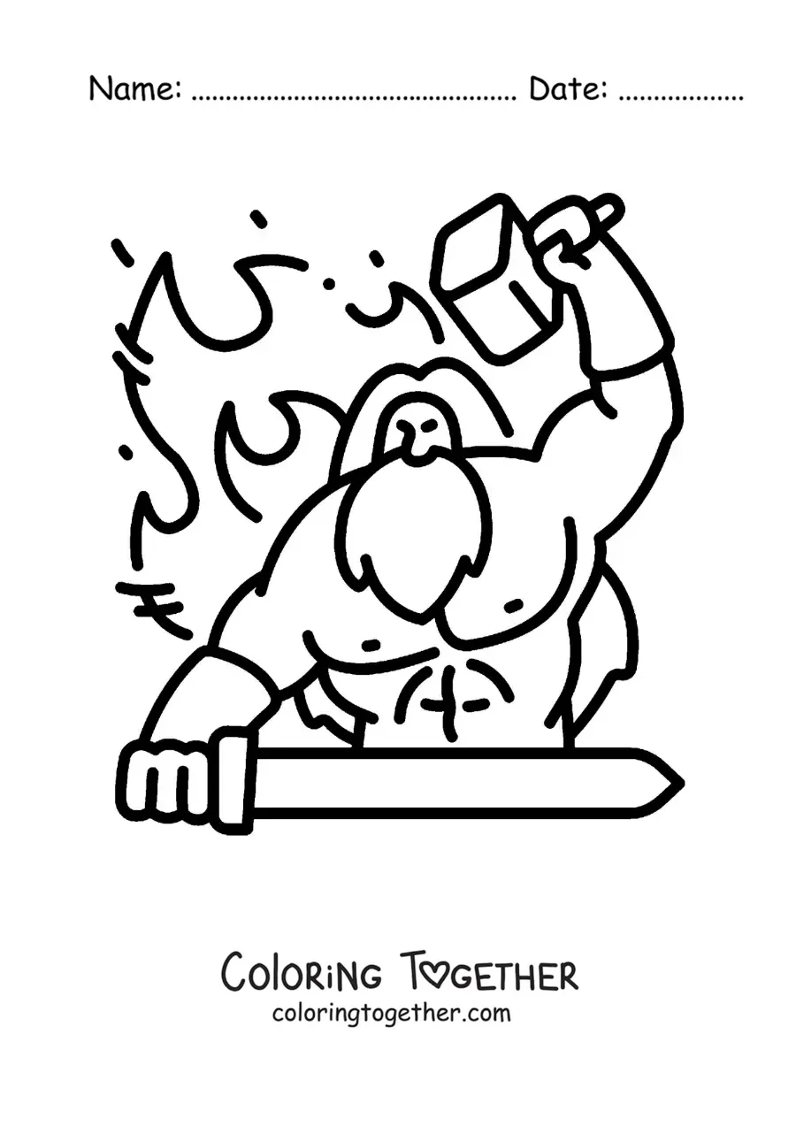 Coloring page of Hephaestus animated forging a sword at his forge