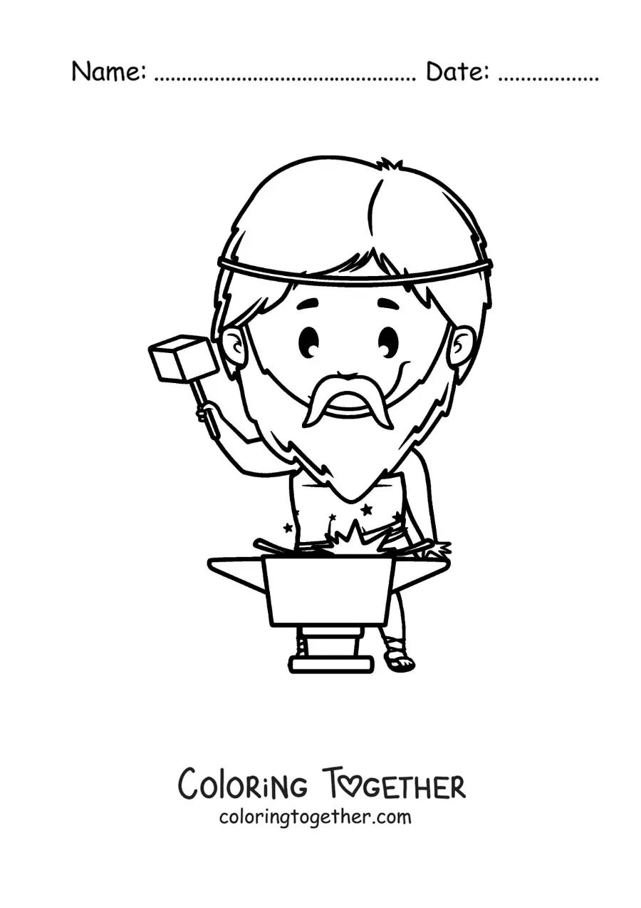 Coloring page of Hephaestus the blacksmith god in animated kawaii style