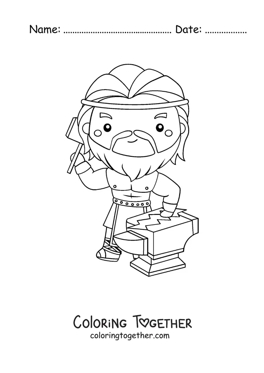 Coloring page of the Greek god Hephaestus in animated kawaii style forging a lightning bolt