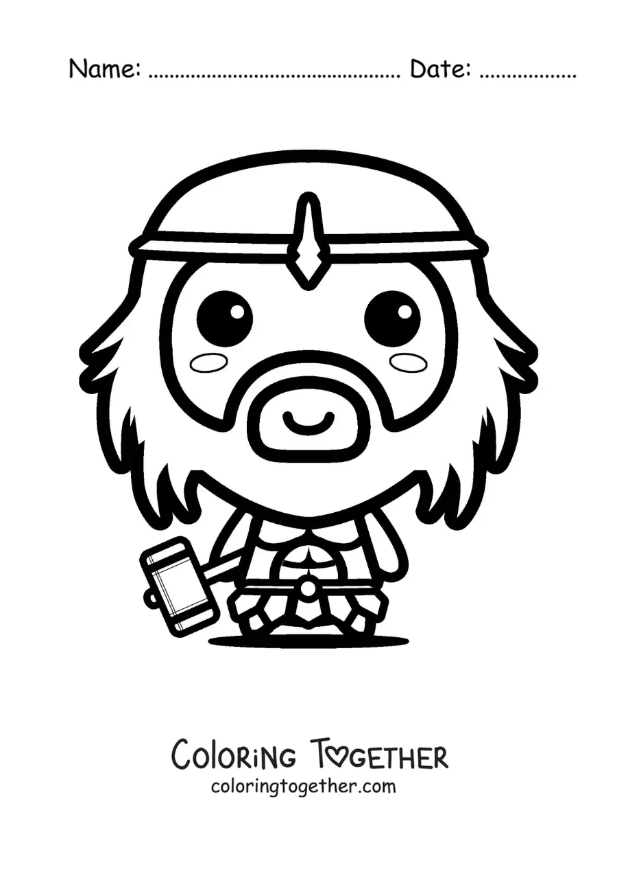 Coloring page of the Greek god Hephaestus and his kawaii hammer