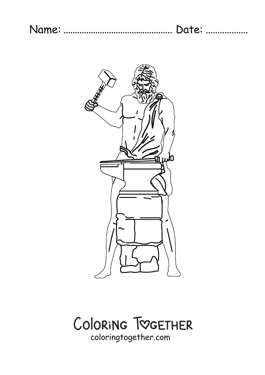 Coloring page of the realistic god Hephaestus forging a sword
