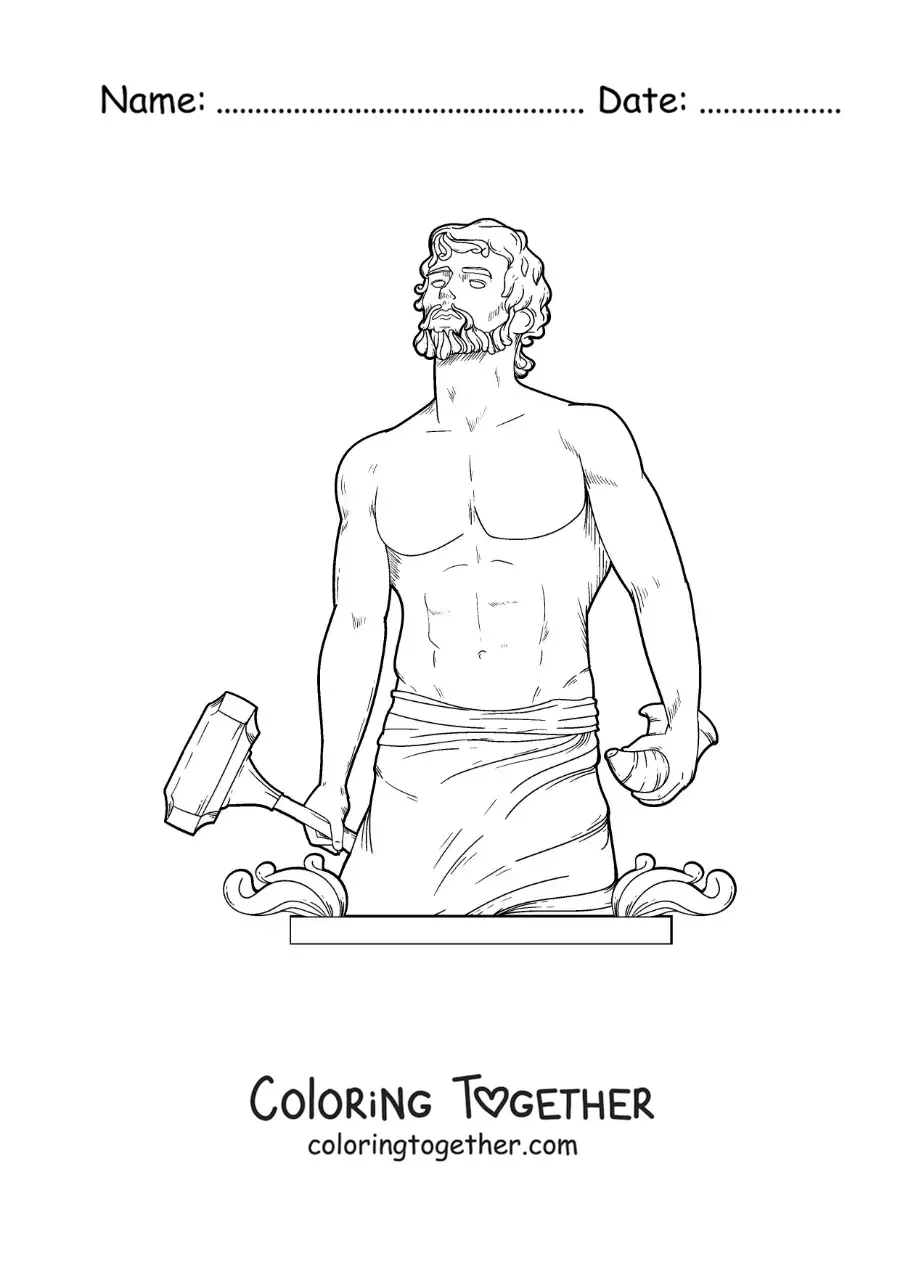 Coloring page of Hephaestus the realistic Greek god with his hammer