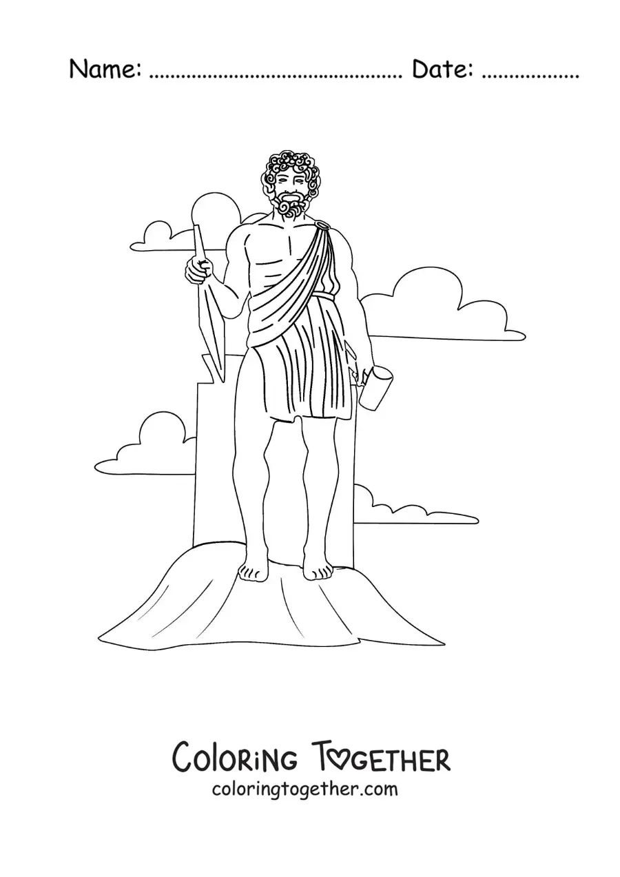 Coloring page of the god Hephaestus with his hammer