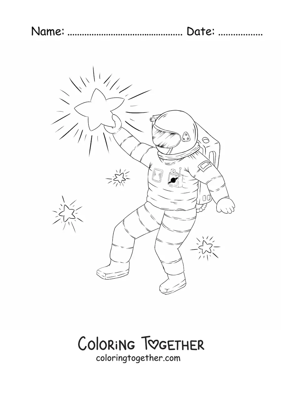 Coloring page of an astronaut reaching for a star with its arm