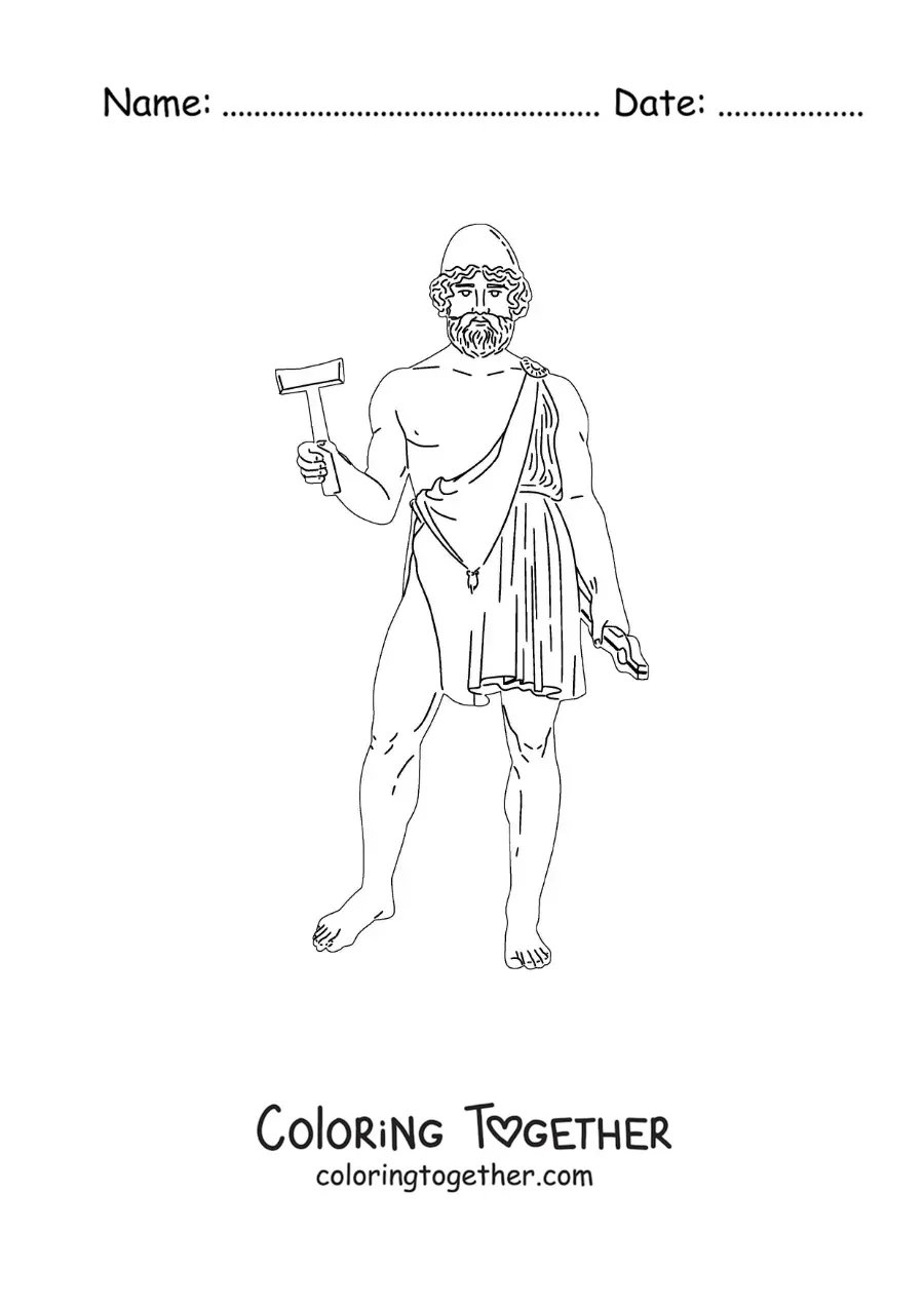 Coloring page of the blacksmith god Hephaestus with his hammer