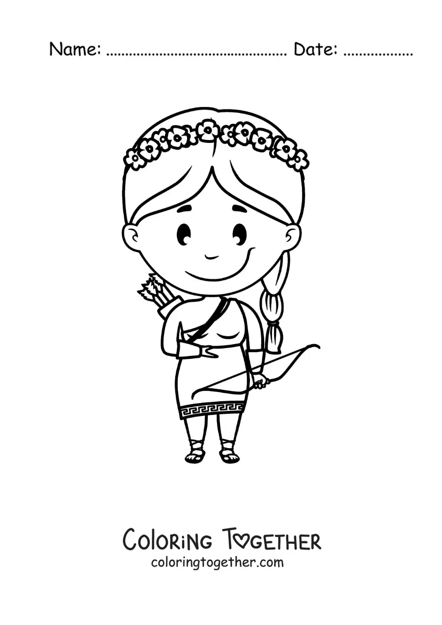 Coloring page of the goddess Artemis in animated kawaii style