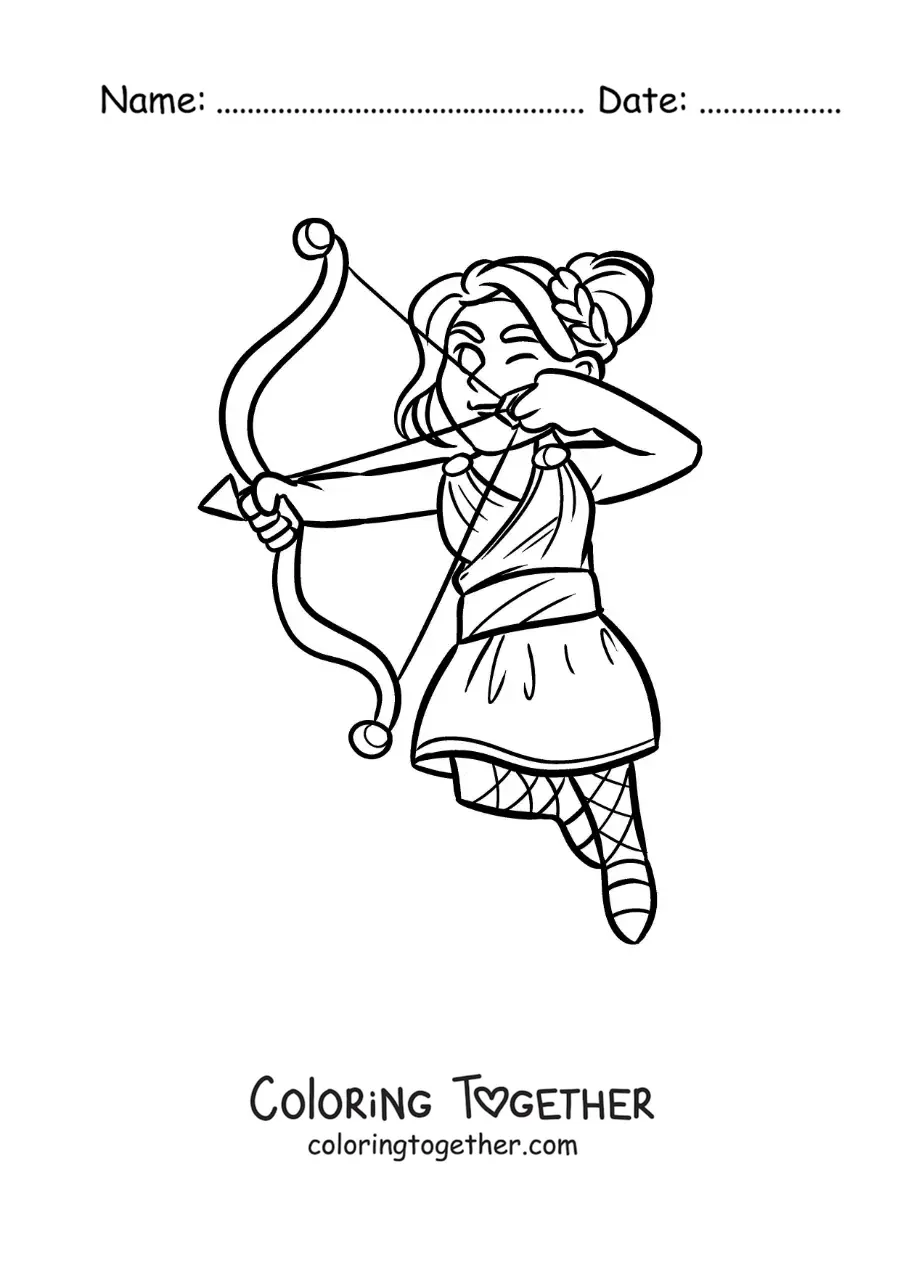 Coloring page of the goddess Artemis animated shooting an arrow
