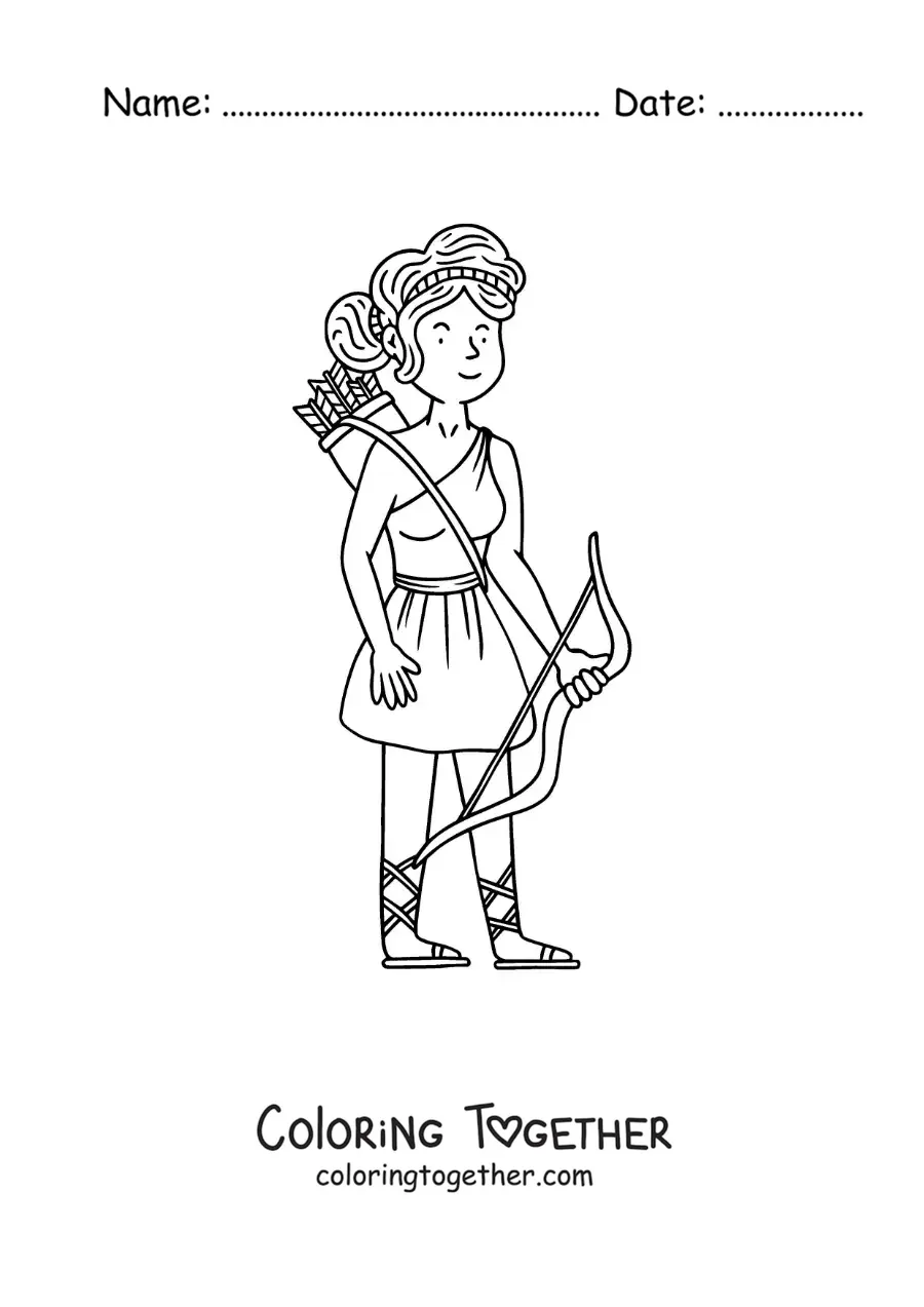 Coloring page of an animated Artemis with her bow and arrows