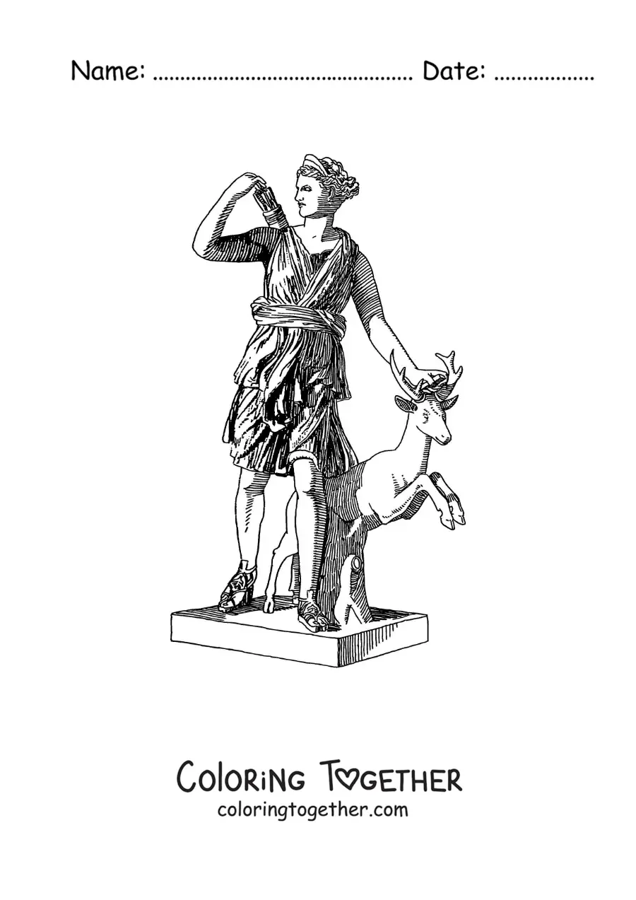 Coloring page of a statue of Artemis and a deer