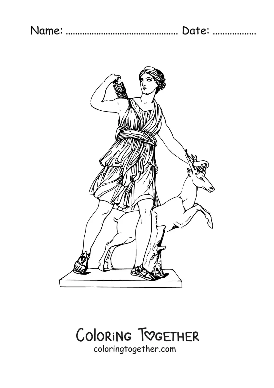 Coloring page of a realistic Artemis with a deer