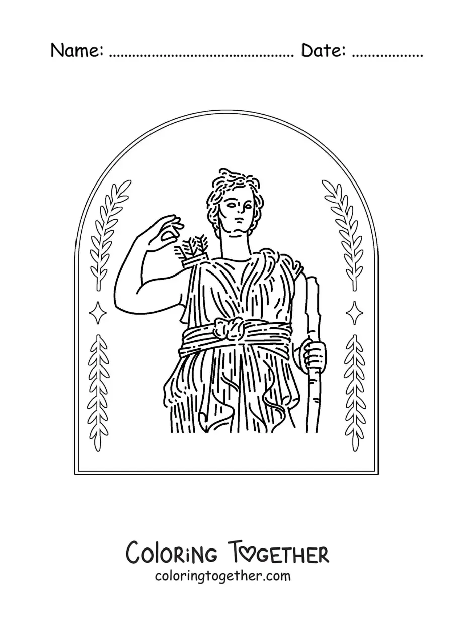 Coloring page of Artemis the Greek goddess with her bow and arrows