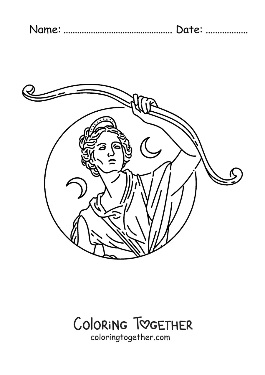 Coloring page of the goddess Diana with her bow