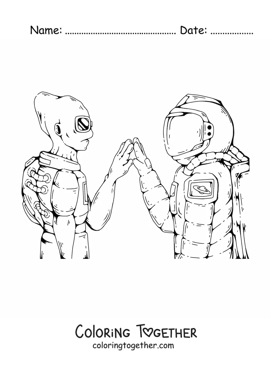 Coloring page of an astronaut and an alien