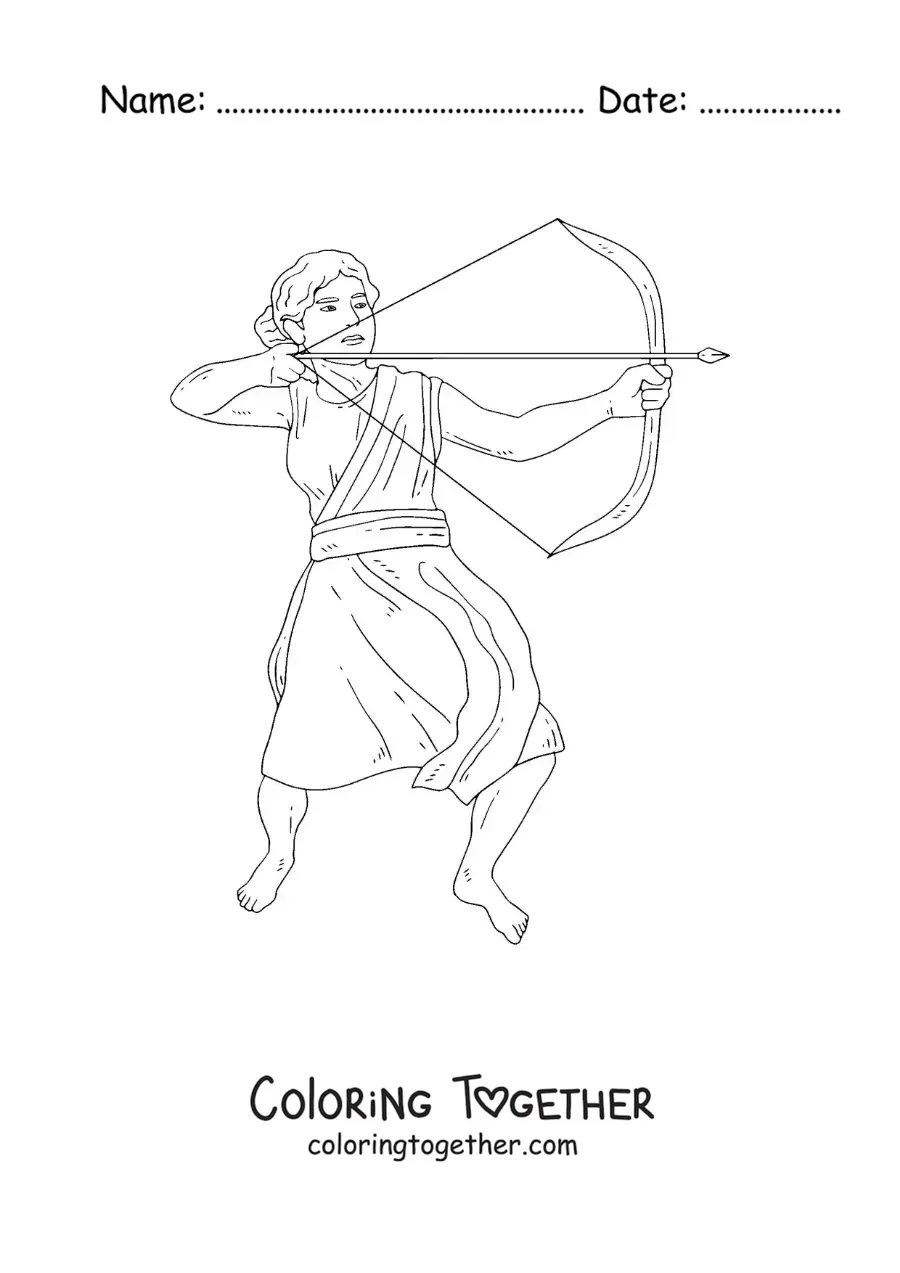 Coloring page of a realistic Artemis hunting