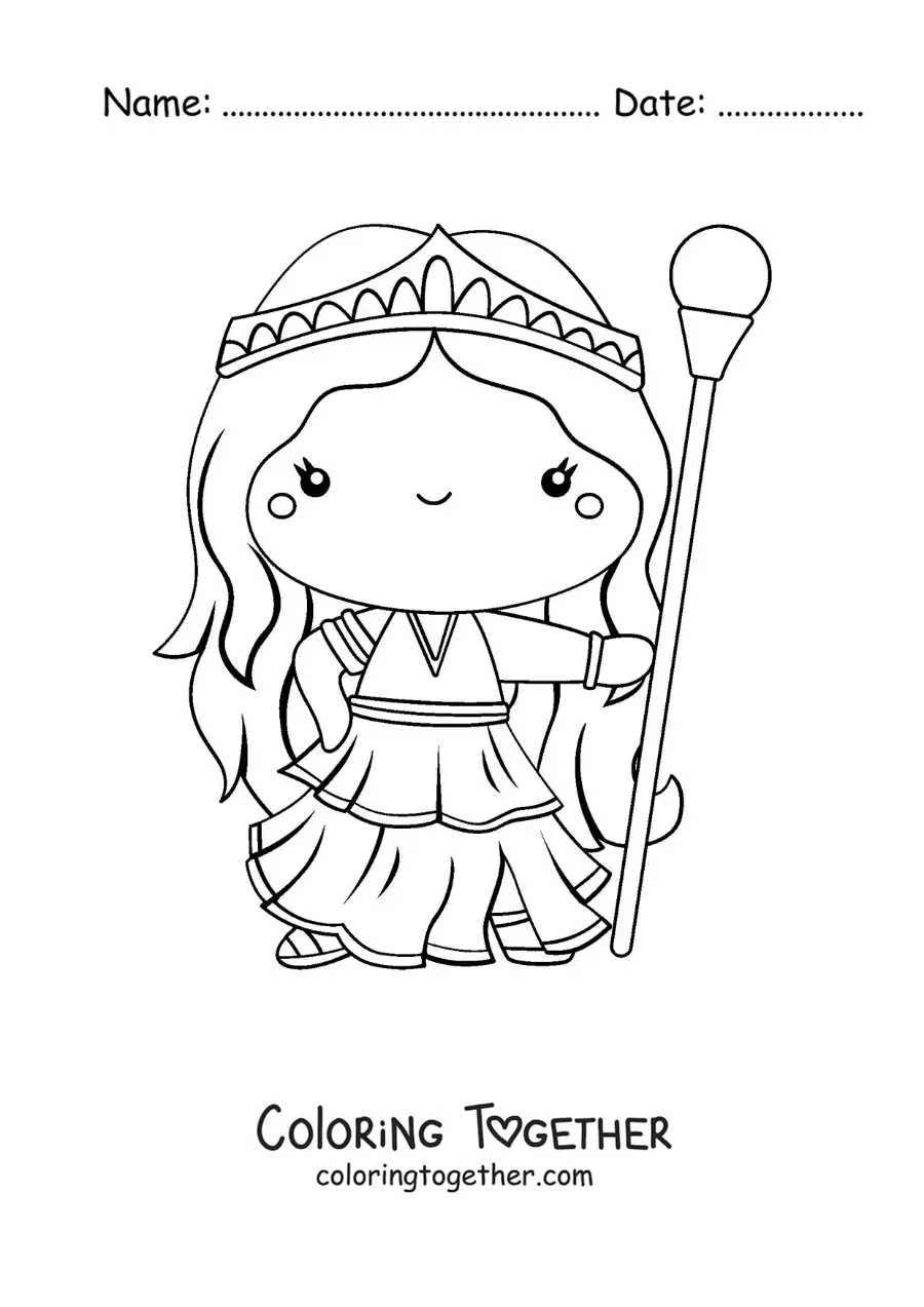Coloring page of the Greek goddess Hera, animated and kawaii
