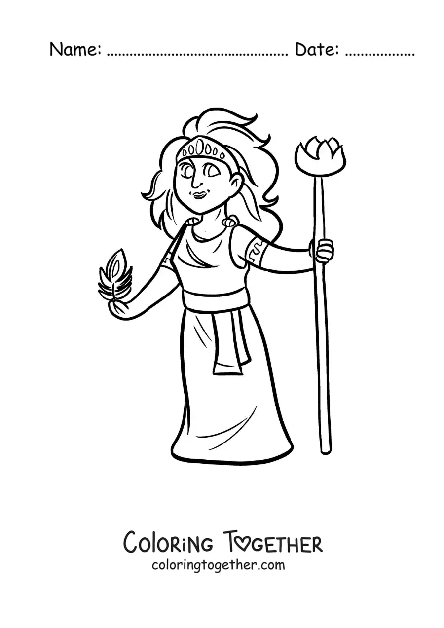 Coloring page of the goddess Hera, animated, with a peacock feather
