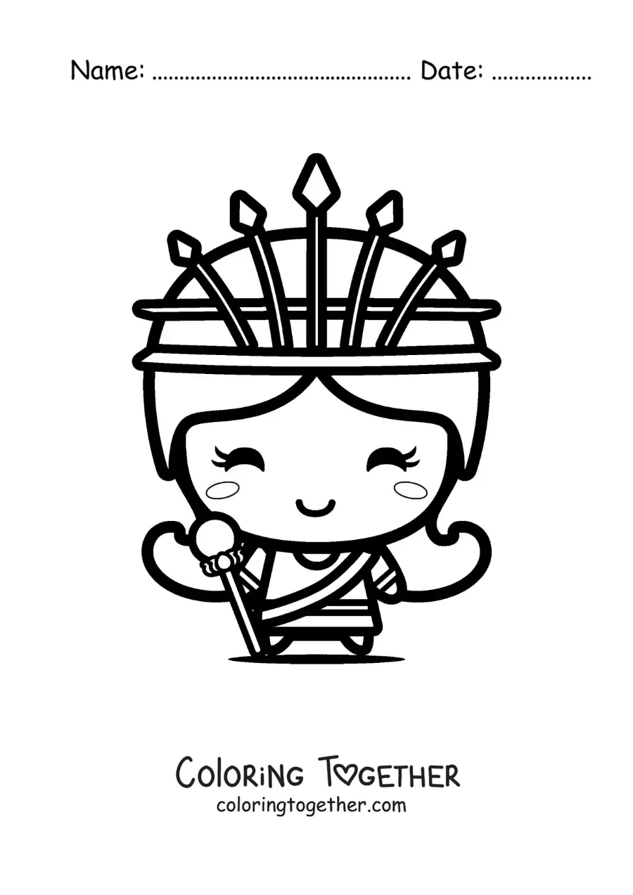 Coloring page of the goddess Hera, kawaii style
