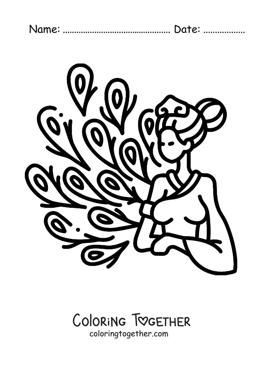 Coloring page of the Greek goddess Hera with peacock feathers