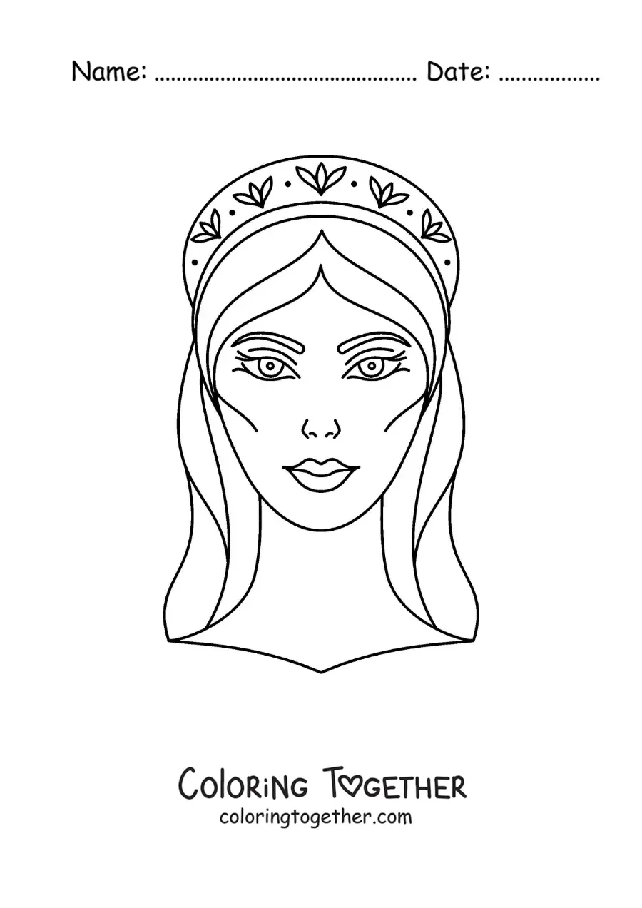 Coloring page of the face of Hera the Greek goddess with her crown