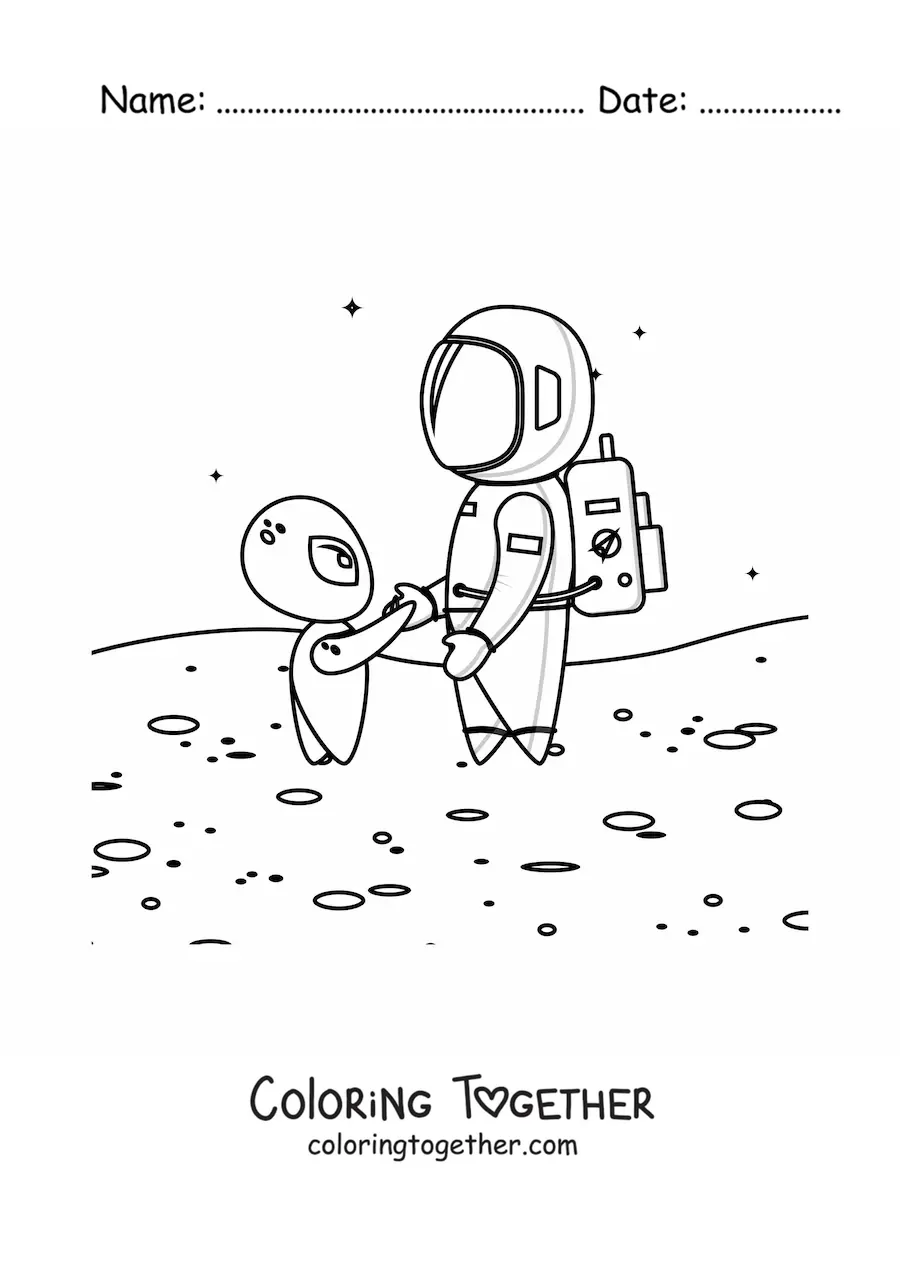 Coloring page of an astronaut and a martian on the surface of Mars
