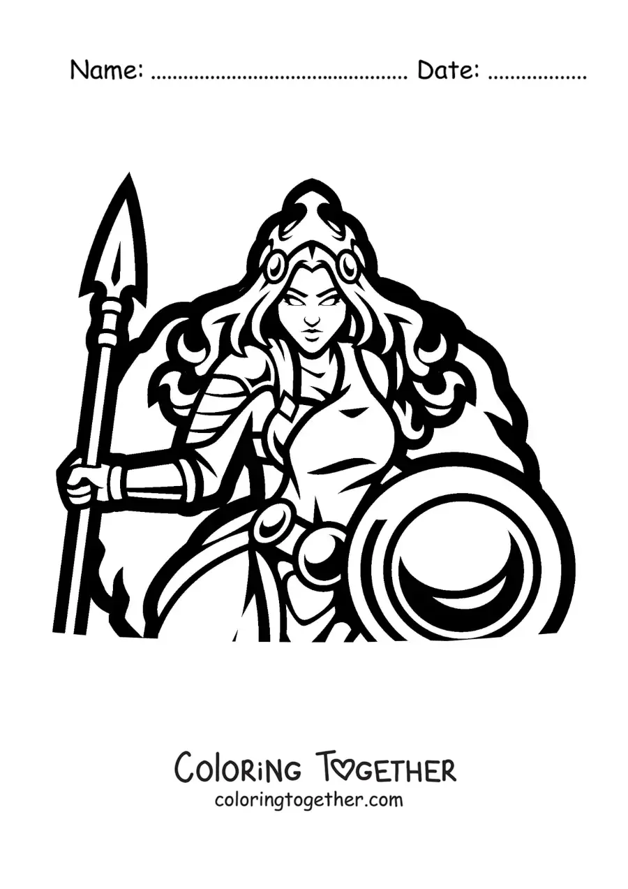Coloring page of Athena with her shield and armor
