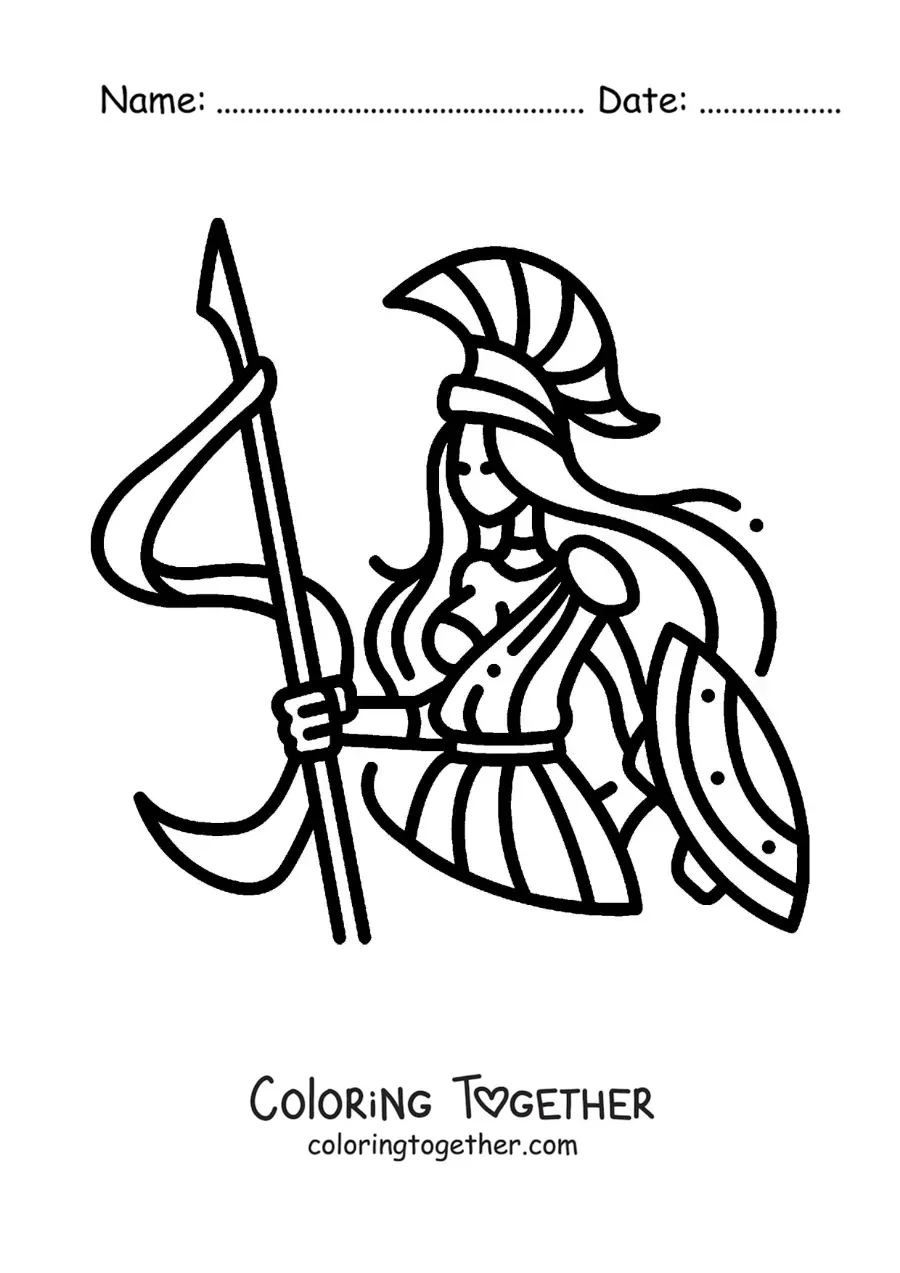 Coloring page of the animated goddess Athena with her helmet and shield