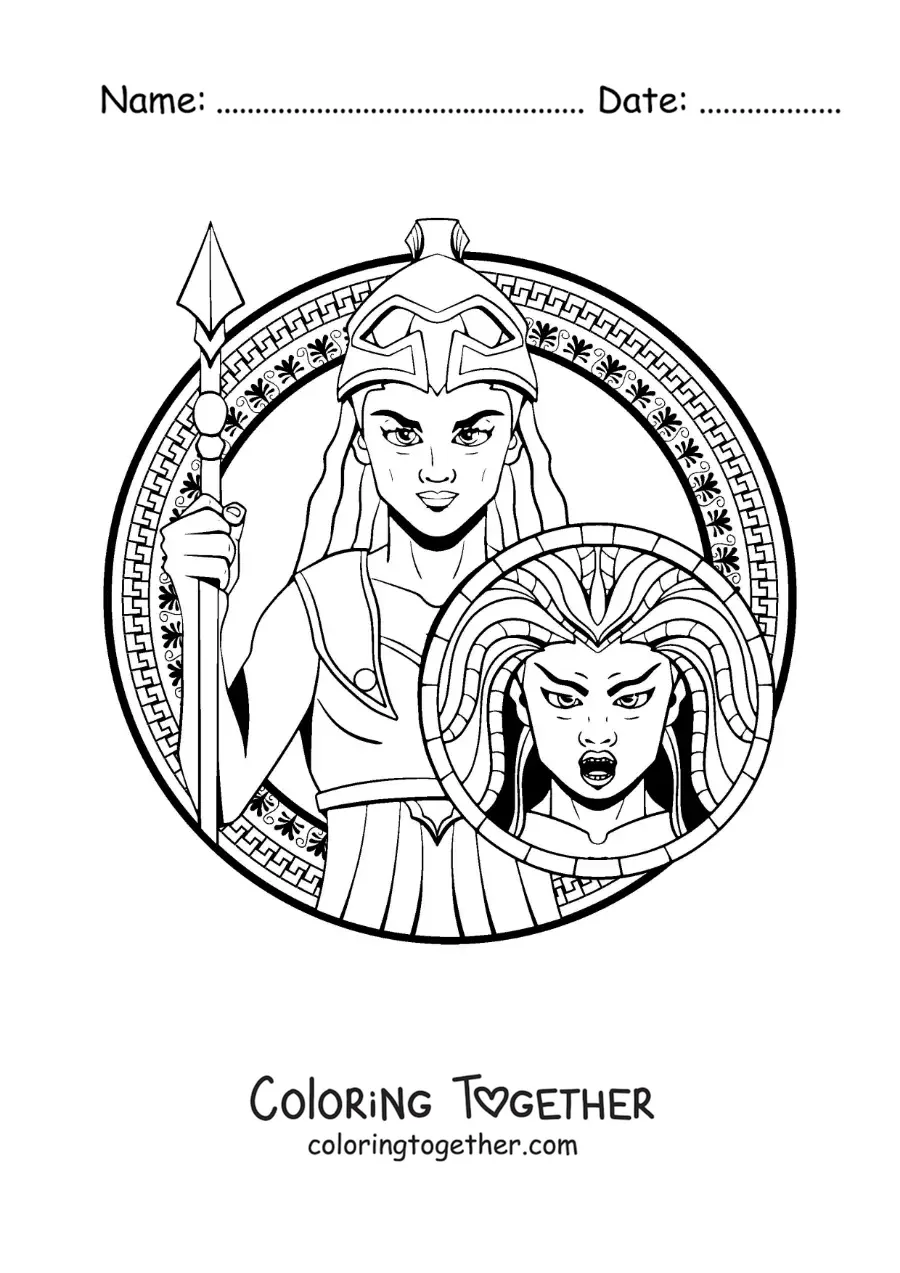Coloring page of Athena and her warrior helmet with a spear and her shield