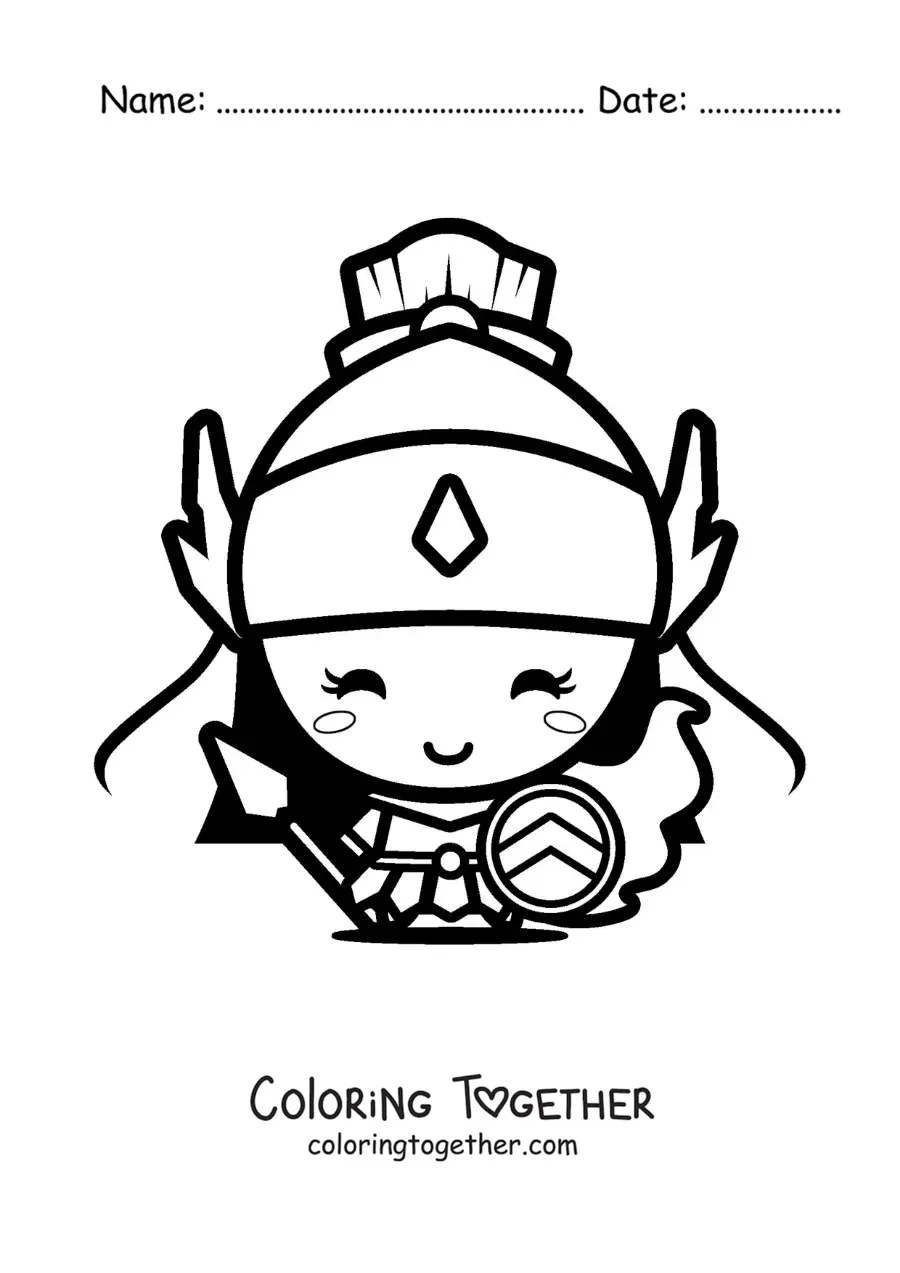 Coloring page of Athena and her warrior helmet, kawaii style