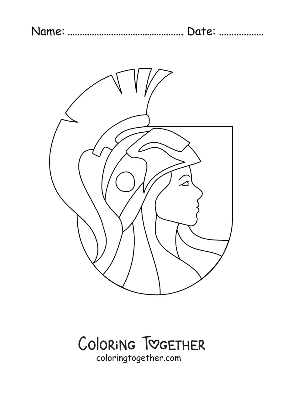 Coloring page of the face of the warrior goddess Athena with her helmet