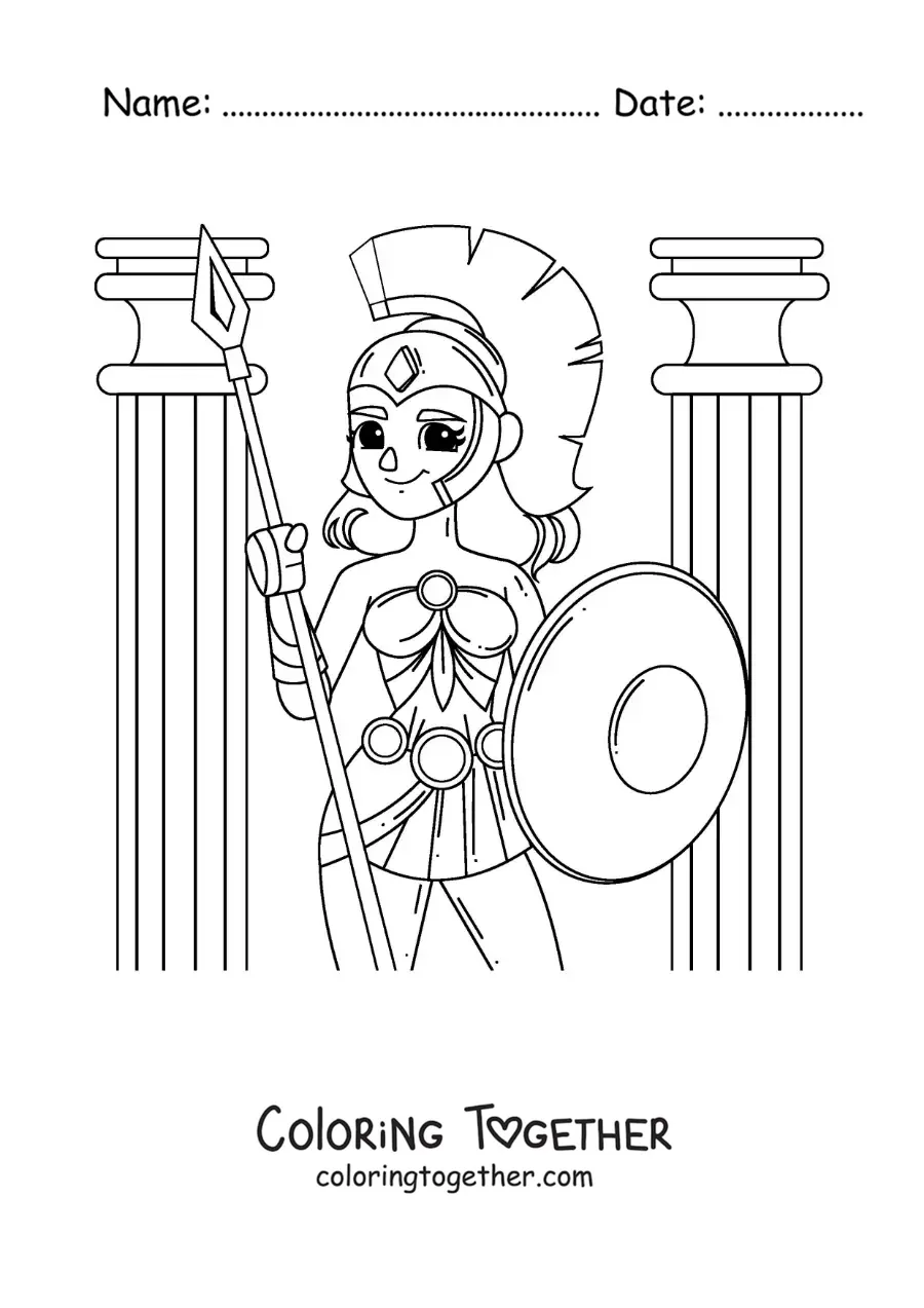 Coloring page of the animated goddess Athena with her spear and armor