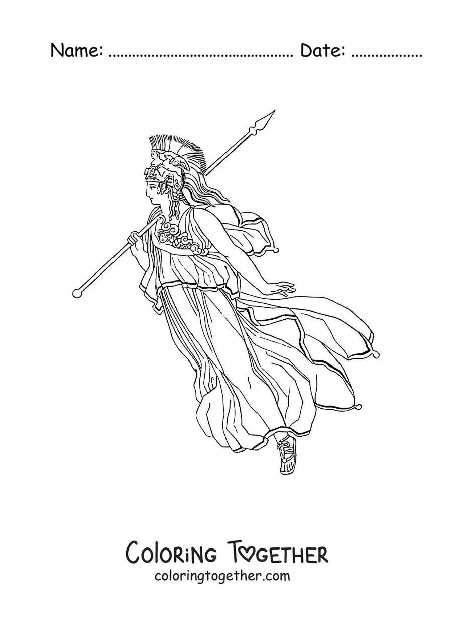 Coloring page of the realistic goddess Athena with her spear and her helmet