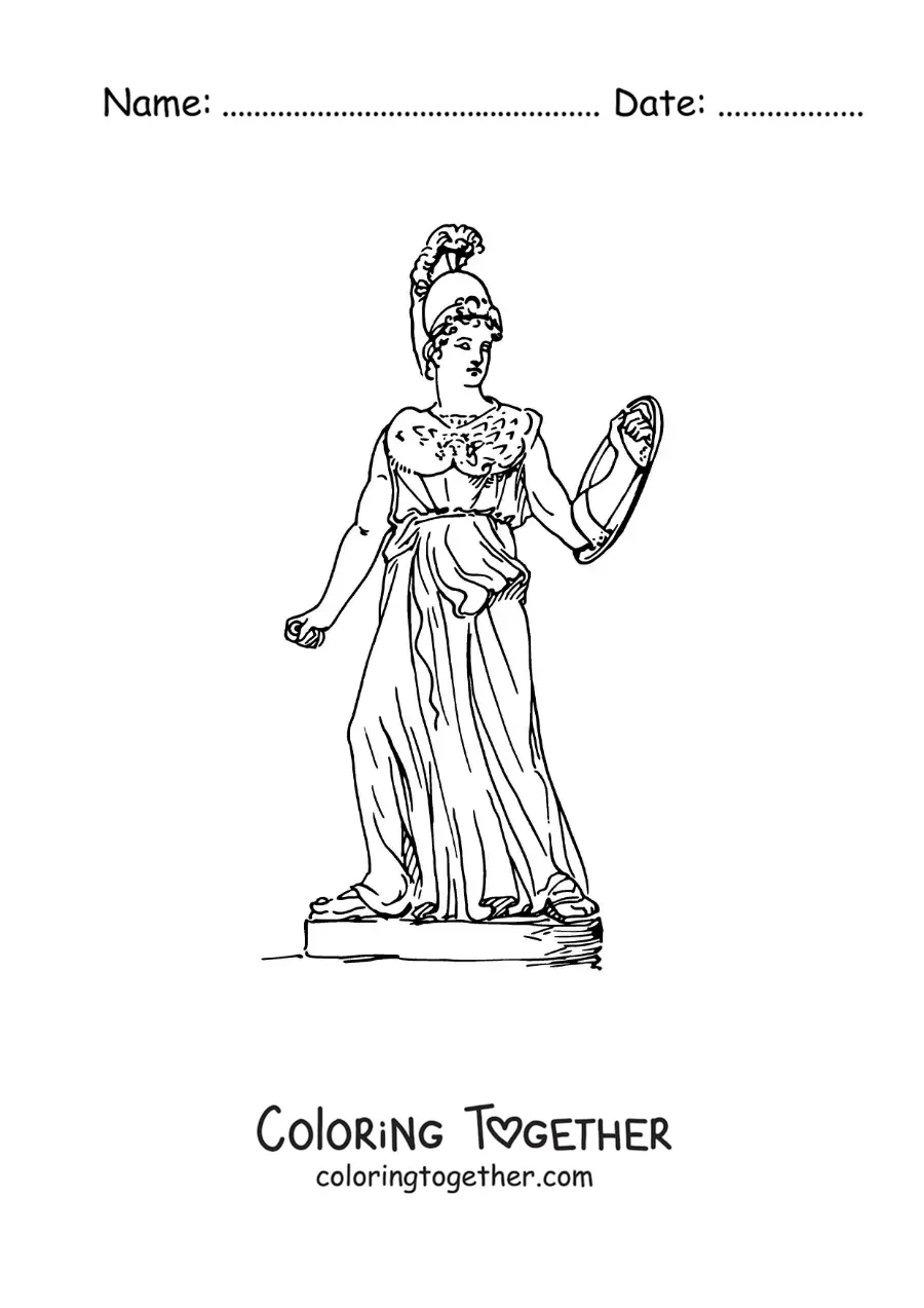 Coloring page of a statue of the realistic Greek goddess Athena with her shield