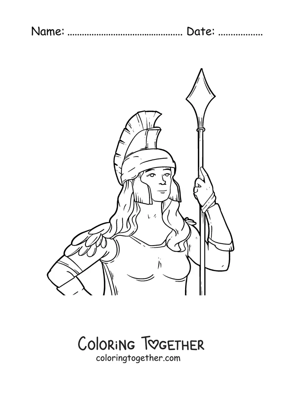Coloring page of Athena with her helmet and her spear in a realistic style