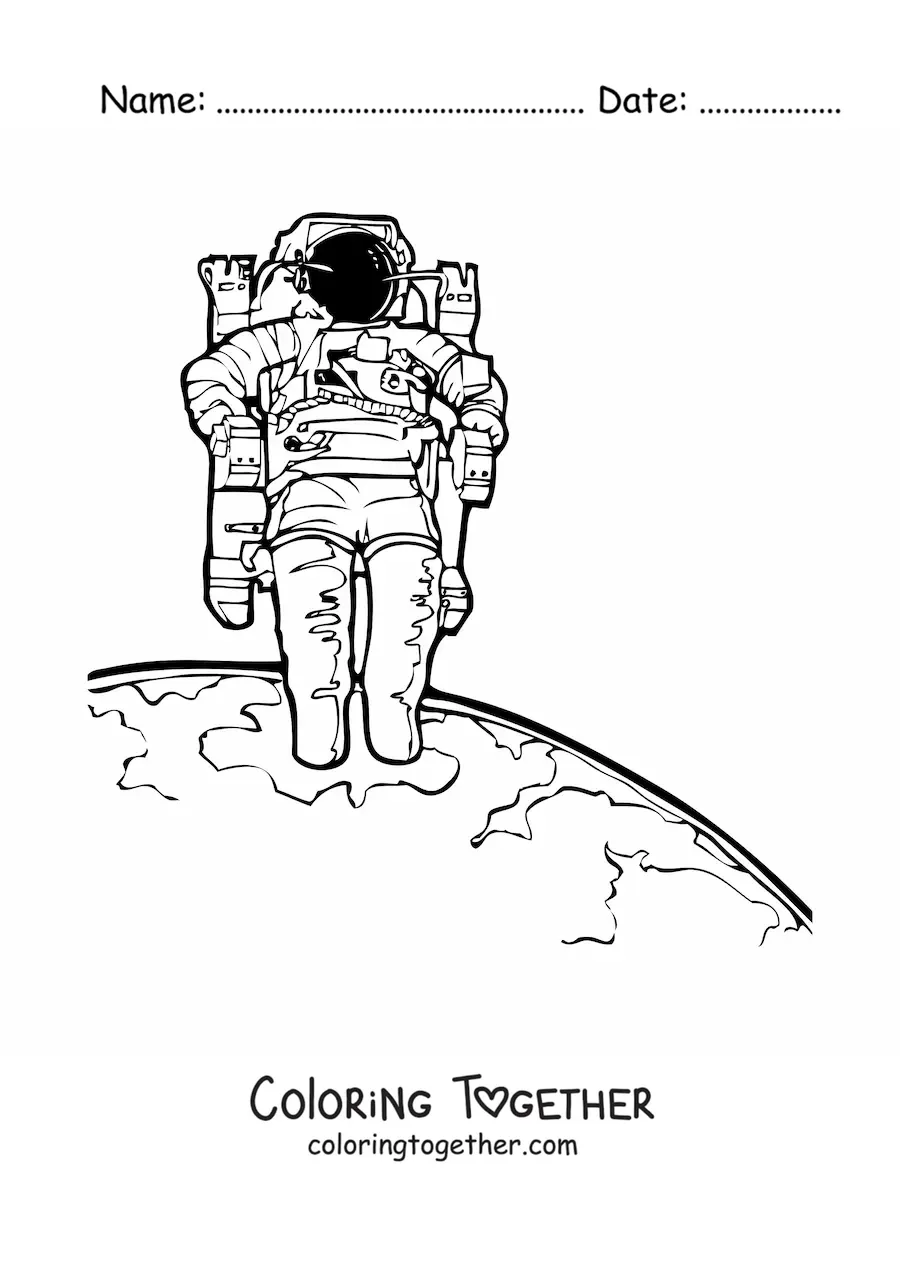 Coloring page of an astronaut in a realistic spacesuit floating above the Earth