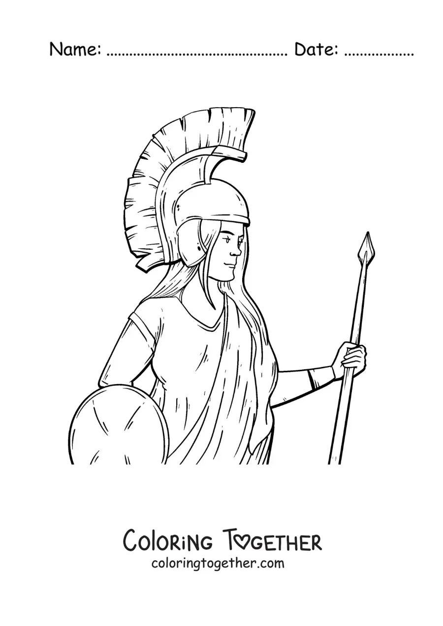 Coloring page of Athena with her helmet and her shield in a realistic style