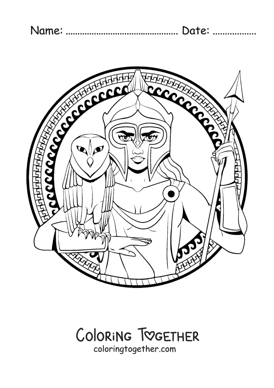 Coloring page of the animated goddess Athena with her owl and her helmet