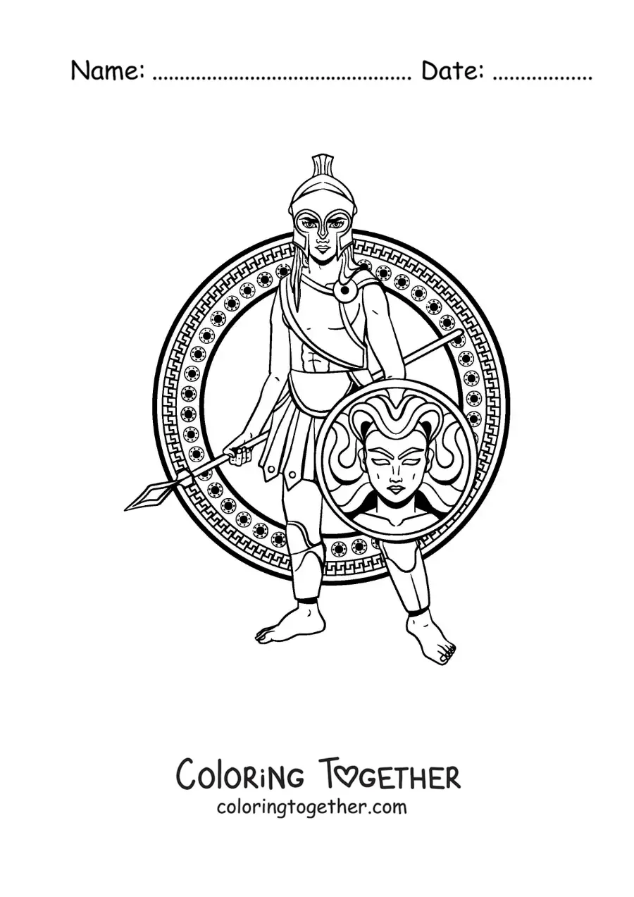 Coloring page of the animated Greek goddess Athena with her shield and her helmet