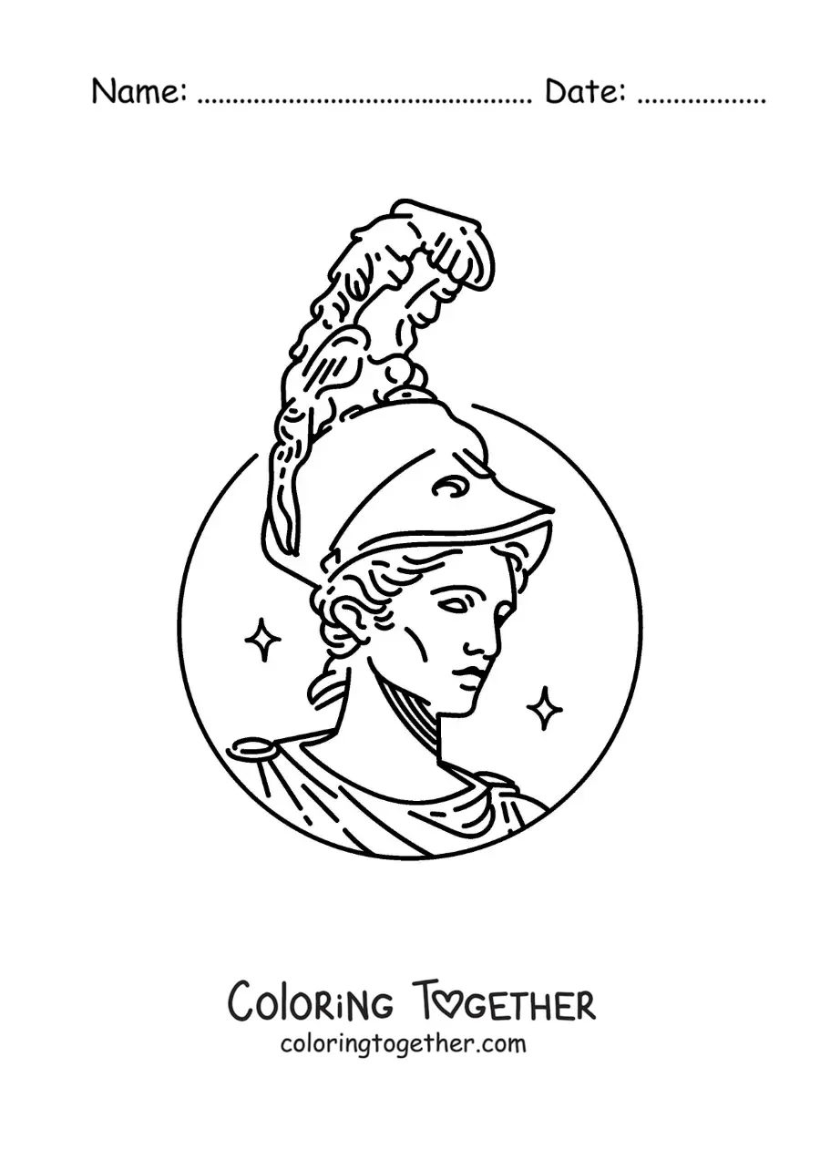 Coloring page of the face of the goddess Athena with her helmet