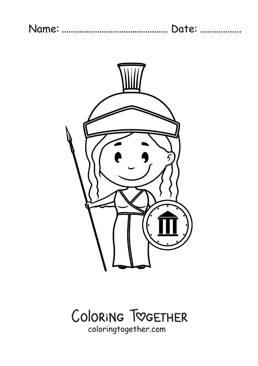 Coloring page of Athena and her spear in an animated kawaii style