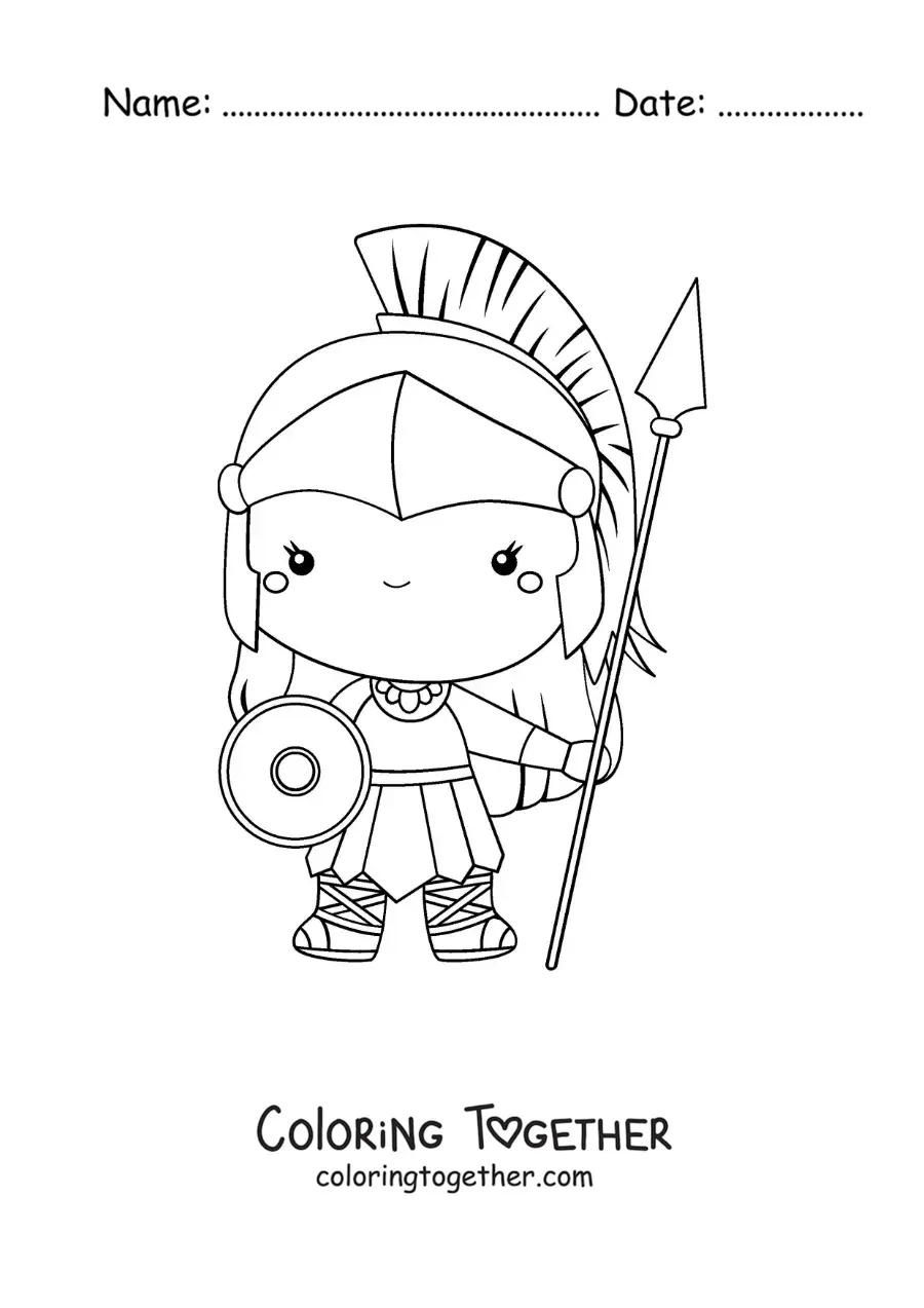 Coloring page of Athena, kawaii and animated, with her shield and her helmet