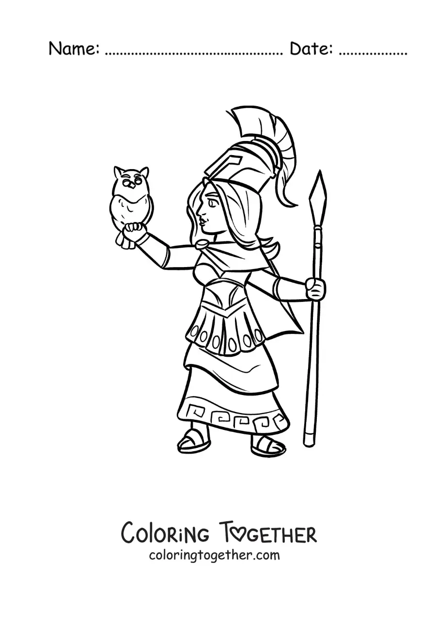 Coloring page of Athena the goddess of wisdom, animated, with her owl
