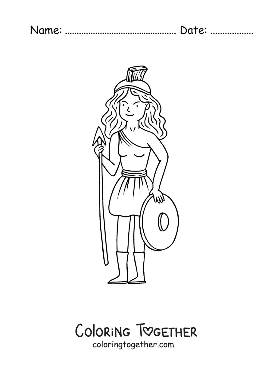 Coloring page of Athena the animated Greek goddess with her warrior spear and shield